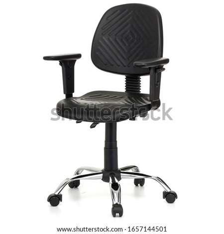office chair with black backrest, black seat and handles, stainless steel legs, isolated on white background, stock photography, side view