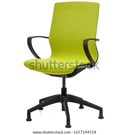 green yellow office chair with black handles and legs, isolated on white background, side view, stock photography