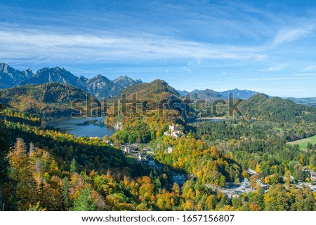 aerial view of Alpsee with Hohenschwangau castle, Bavaria, Germany