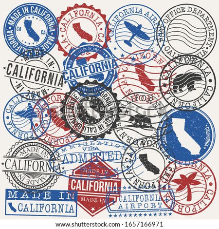 California, USA Set of Stamps. Travel Passport Stamps. Made In Product. Design Seals in Old Style Insignia. Icon Clip Art Vector Collection.
