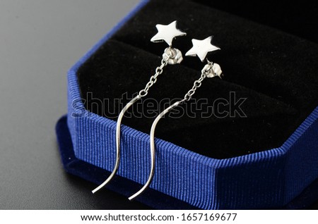 Five pointed star long pure silver earrings