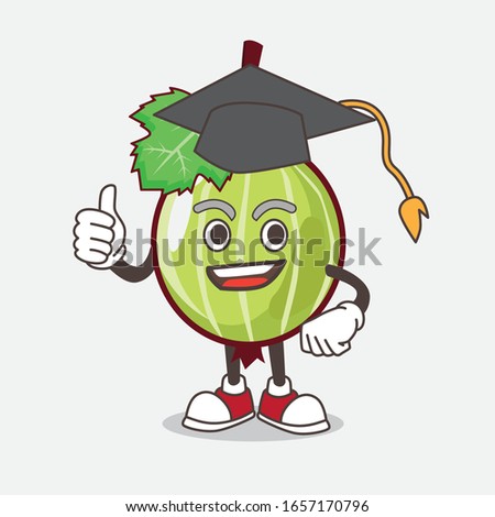 Gooseberry cartoon mascot character in a black Graduation hat