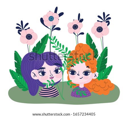 happy girls faces flowers foliage plants botany vector illustration
