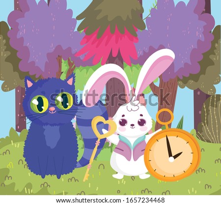 wonderland, cat and rabbit key clock trees forest grass vector illustration