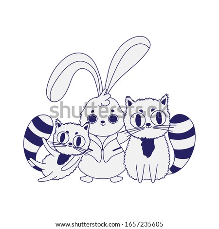 cute rabbit and two cats cartoon character design vector illustration line style