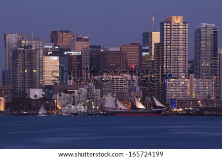 Scenic San Diego skyline and waterfront at dusk, Pacific Ocean, California 