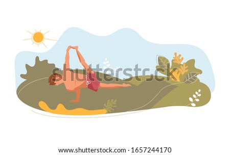 Young man on the meadow in yoga pose. Metaphor of freedom and harmony with nature. Flat Art Vector Illustration