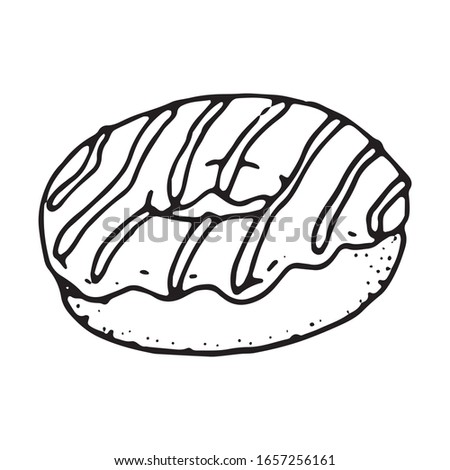 Hand drawn vector cute donut. Doodle style. Black outline isolated on white. Design for greeting cards, scrapbooking, textile, wrapping paper, cafe or restaurant menu, food infographic.
