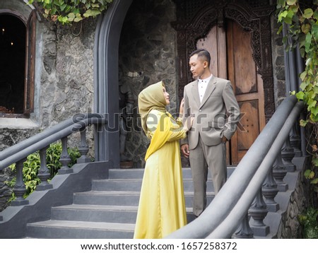 Couple together happily take picture for pre wedding before wedding day. Pre wedding concept. 