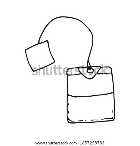 Hand drawn vector cute tea bag. Doodle style. Black outline isolated on white. Design for greeting cards, scrapbooking, textile, wrapping paper, cafe or restaurant menu, food infographic.