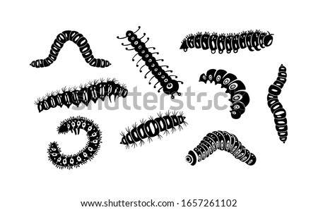 Set spring and summer caterpillar icons. Black caterpillars with different silhouette on white background. For festive card, logo, children, pattern, tattoo, decorative, concept. Vector illustration