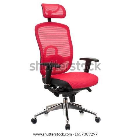 red office chair, black handles, stainless steel legs,  isolated on white background, side view, stock photography
