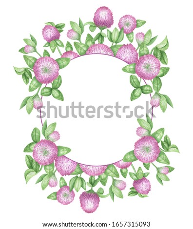 Round frame made of wildflowers and clover leaves. Isolated on a white background. Watercolor hand drawing.
