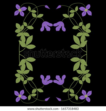 Isolated vector illustration. Vertical floral decor or frame with branches of clematis flower. Art Nouveau style.