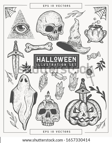 Hand-drawn halloween themed vector illustration set