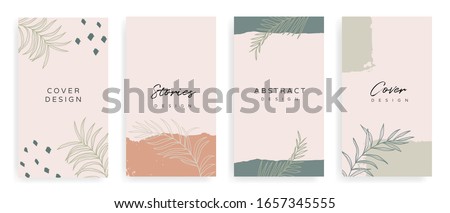 Social media stories and Main Feed cover.  Background template with copy space for text and images, Tropical line arts , floral and leaves in warm earth tone vector illustration. Royalty-Free Stock Photo #1657345555
