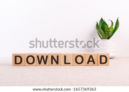 DOWNLOAD word with building blocks on a light background and a green flower
