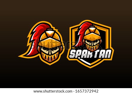 spartan illustration using a helmet with an angry expression, behind him is a shield suitable for team logo or esport logo  and mascot logo, or tshirt design
