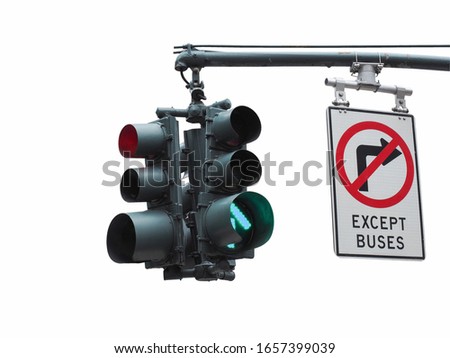 2 sides hanging traffic light at intersection isolated on white background. There is no right turn next to the traffic light on the pole