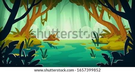 Swamp in tropical forest. Landscape with marsh, water lilies, trees trunks and bog grass. Vector cartoon illustration of wild jungle, rain forest with river, lake or swamp Royalty-Free Stock Photo #1657399852