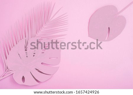 Creative layout made of pink tropical leaves on pink background. Minimal summer exotic concept with copy space.