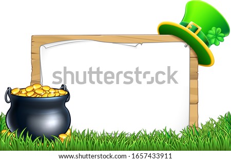 A St Patricks day sign with leprechaun hat and a pot of gold