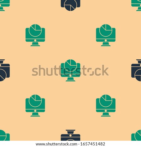 Green and black Computer monitor with graph chart icon isolated seamless pattern on beige background. Report text file. Accounting sign. Audit, analysis, planning.  Vector Illustration
