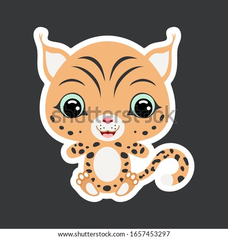 Children's sticker of cute little sitting lynx. Wild animal. Cartoon character for baby print design, kids wear, baby shower celebration, greeting and invitation card. Flat vector stock illustration
