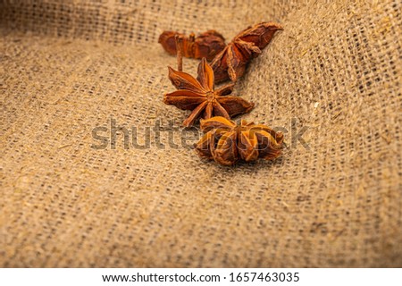 Star anise on a background of rough homespun fabric. Close up.