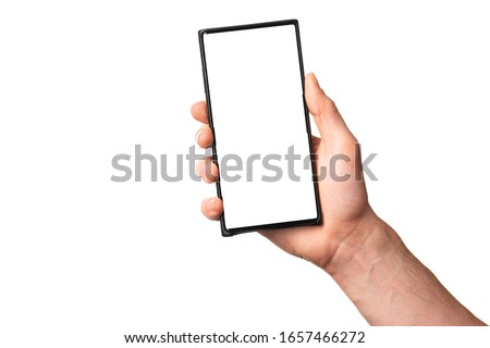 Men Hand holding new modern smartphone mobile phone with empty display screen, isolated on white background