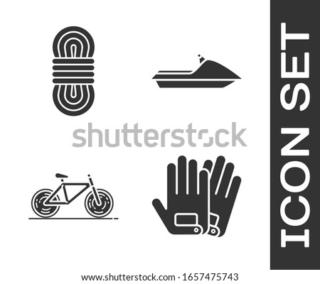 Set Gloves, Climber rope, Bicycle and Jet ski icon. Vector