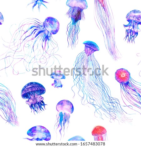 Pattern seamless jellyfishes Colorful repeat texture wallpaper design illustration Watercolor in bright style vivid blue purple violet medusa isolated on white background, fashion