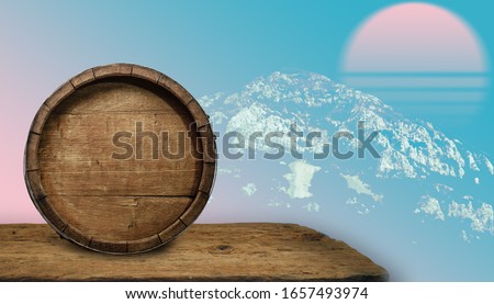 Old Wooden barrel and abstract surreal landscape collage concept, contemporary colors and mood social background.