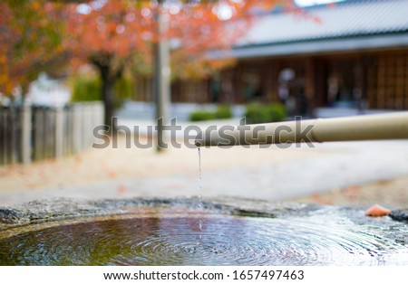 Soft focus picture of bamboo tube dropping on pond in old temple in Japan with blurred autumn leaves background , this pond for people who can drink water for free