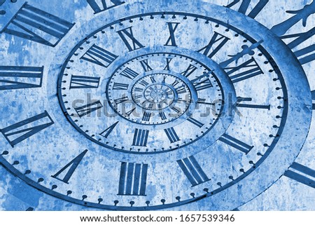 Old church clock in the drost effect. Classic Blue Pantone 2020 year color.
