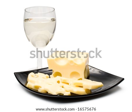 Wine in a glass  and cheese on a white background