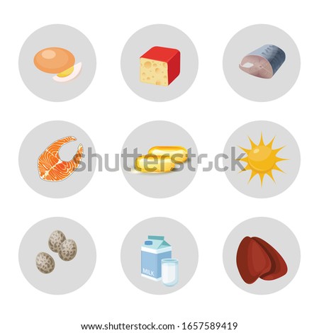 Set of products containing vitamin D. Natural organic products with a high content Vitamin D. Vector illustration.
