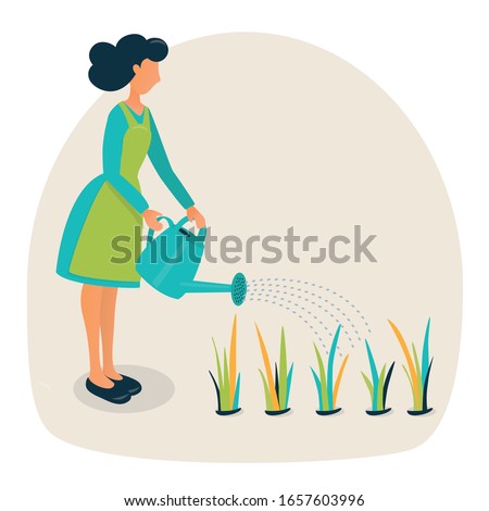 flat vector illustration, young woman with watering can is watering green plants in a garden