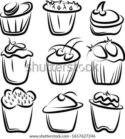A set of cupcakes with different fillings and different shapes. Images for different purposes. Menu of restaurants, cafes, etc. Vector illustration.