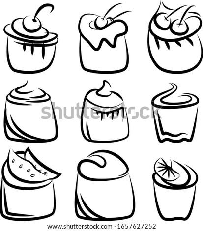 A set of cupcakes with different fillings and different shapes. Images for different purposes. Menu of restaurants, cafes, etc. Vector illustration.
