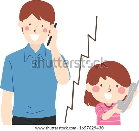 Illustration of a Kid Girl Using Home Phone Calling Father on Mobile