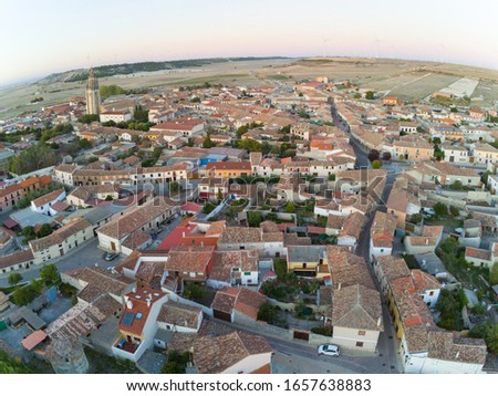 Aerial view in Ampudia, village with castle in Palencia,Spain. Drone Photo