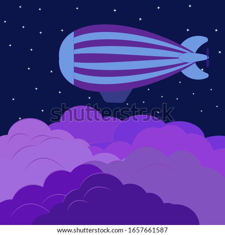 Airship over fluffy clouds on a background og the night sky 