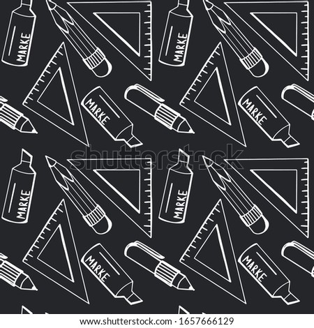 Ruler triangle, pencil, marker contour digital art seamless pattern on a dark background. Print for banners, posters, web, posts, textiles, advertising, paper products, packaging.