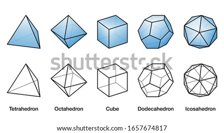 Blue Platonic solids and black wireframe models, all bodies with same size. Regular convex polyhedrons with same number of identical faces meeting at each vertex. English labeled illustration. Vector. Royalty-Free Stock Photo #1657674817