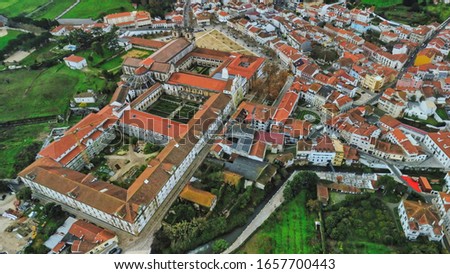 Aerial view in Alcobaca, village of Portugal with a monastery. UNESCO World Heritage Site. Drone Photo
