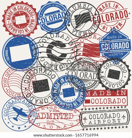 Colorado, USA Set of Stamps. Travel Passport Stamps. Made In Product. Design Seals in Old Style Insignia. Icon Clip Art Vector Collection.