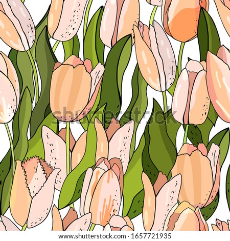 Beautiful Wild blooming tulip seamless pattern in a hand drawing style on white background, wrapper. Vector Floral botanical flower. Spring leaf wildflower isolated. Fabric wallpaper print texture.