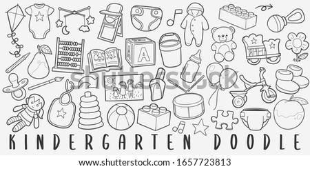 Kindergarten Baby Doodle Line Art Illustration. Hand Drawn Vector Clip Art. Banner Set Logos.