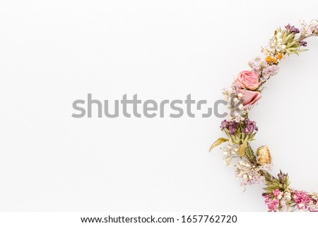 Minimal style photography. Dry flowers circle , natural creative composition top view background with copy space for your text. Flat lay.